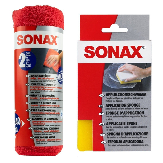 Zestaw: SONAX Gąbka do nakładania wosku + 2 mikrofibry