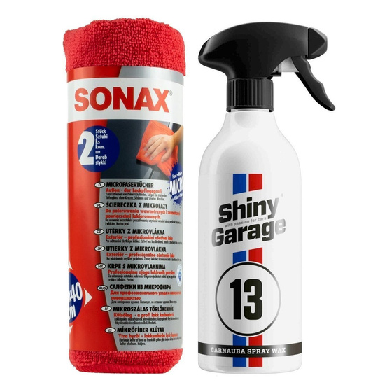 Zestaw: Carnauba Spray Wax Shiny Garage 500ml + 2 mikrofibry Sonax